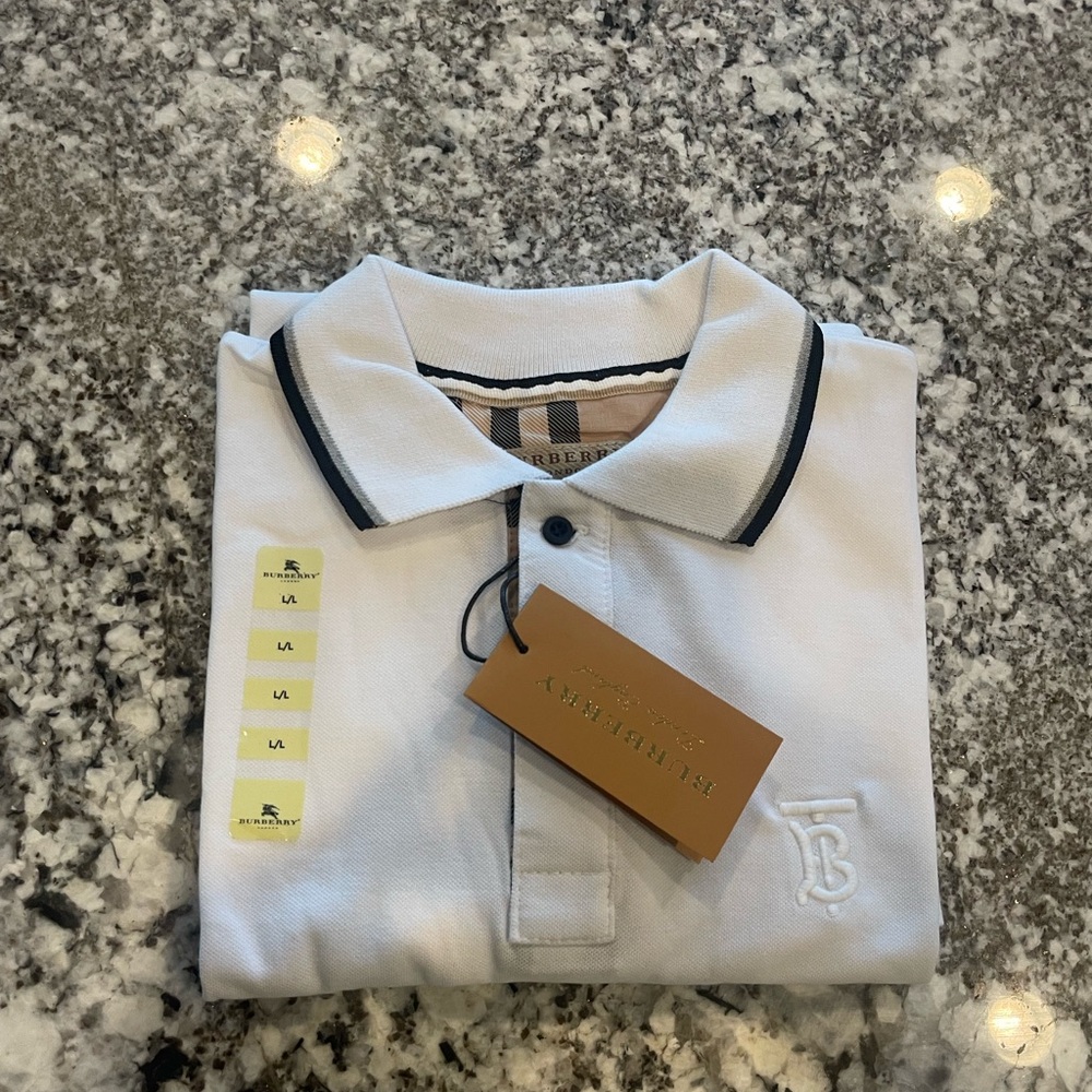 Burberry White Polo Shirt with Black & Gray Trim Size: (L)